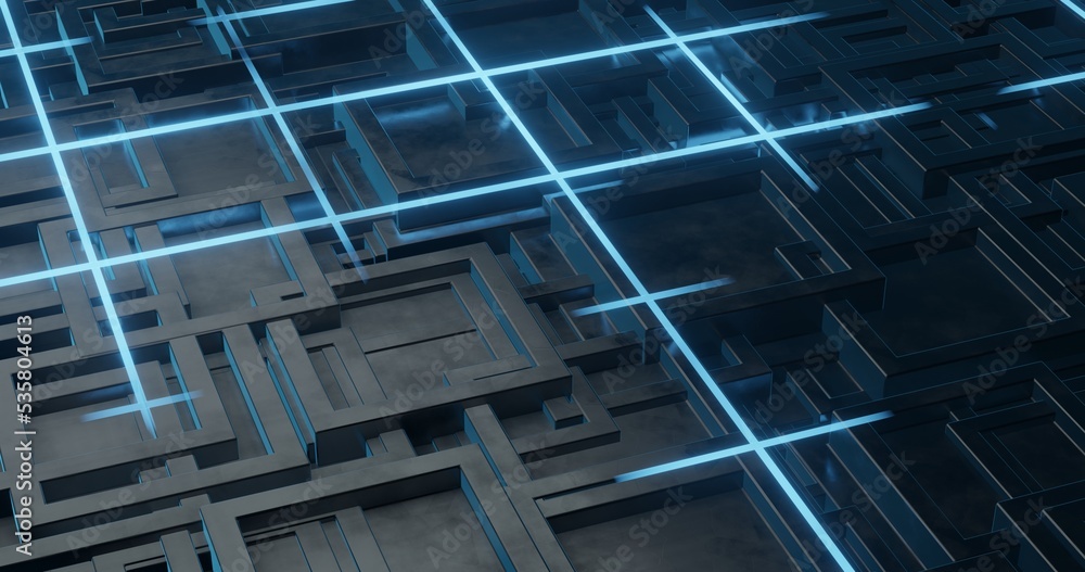 abstract background using elongated cube geometry pattern with black metallic texture and blue glowing lines, 3d rendering, and 4K size abstract background using elongated cube geometry pattern with black metallic texture and blue glowing lines, 3d rendering, and 4K size