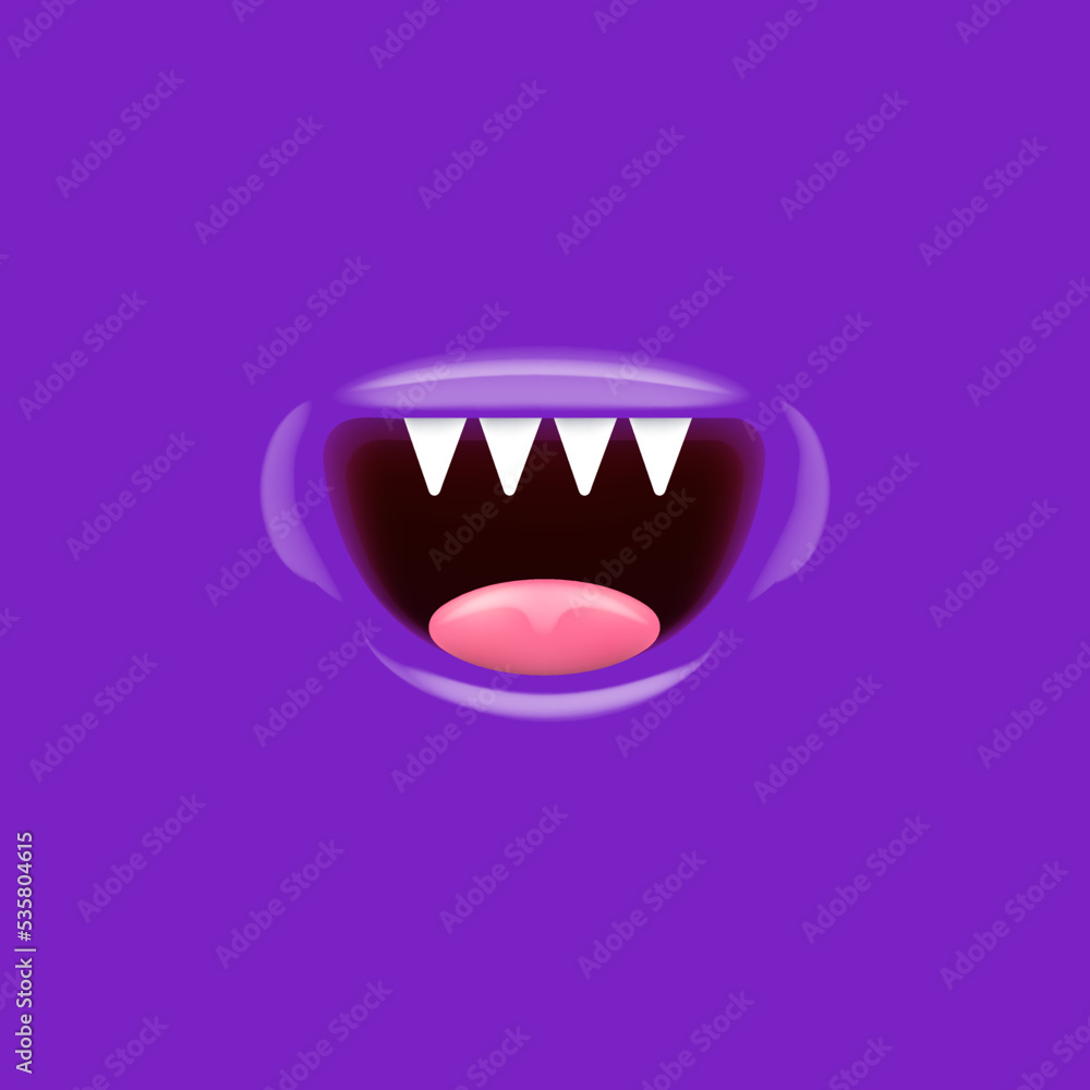 Vector Cartoon vampire mouth with fangs isolated on violet background. Funny and cute violet Halloween Monster mouth with teeth and tongue Vector Cartoon vampire mouth with fangs isolated on violet background. Funny and cute violet Halloween Monster mouth with teeth and tongue