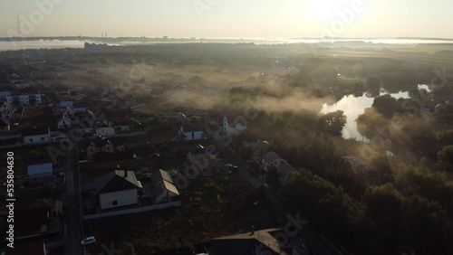 Rural aerial view, fogy morning sunrise. photo