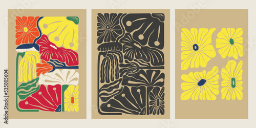 Fototapeta Set of abstract hand drawn aesthetic floral illustration posters