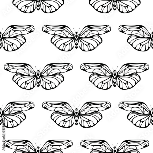 Minimalist seamless pattern with butterflies in black and white colors.