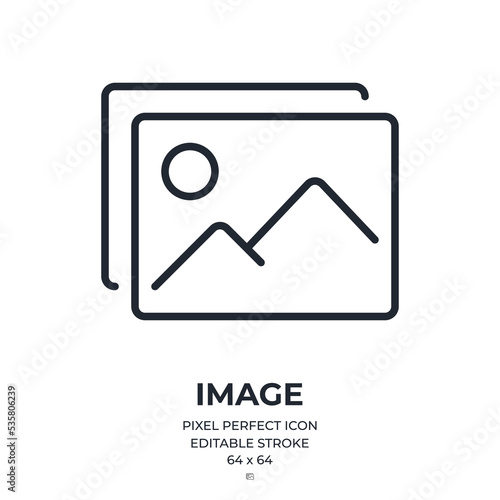 Image and photography editable stroke outline icon isolated on white background flat vector illustration. Pixel perfect. 64 x 64.