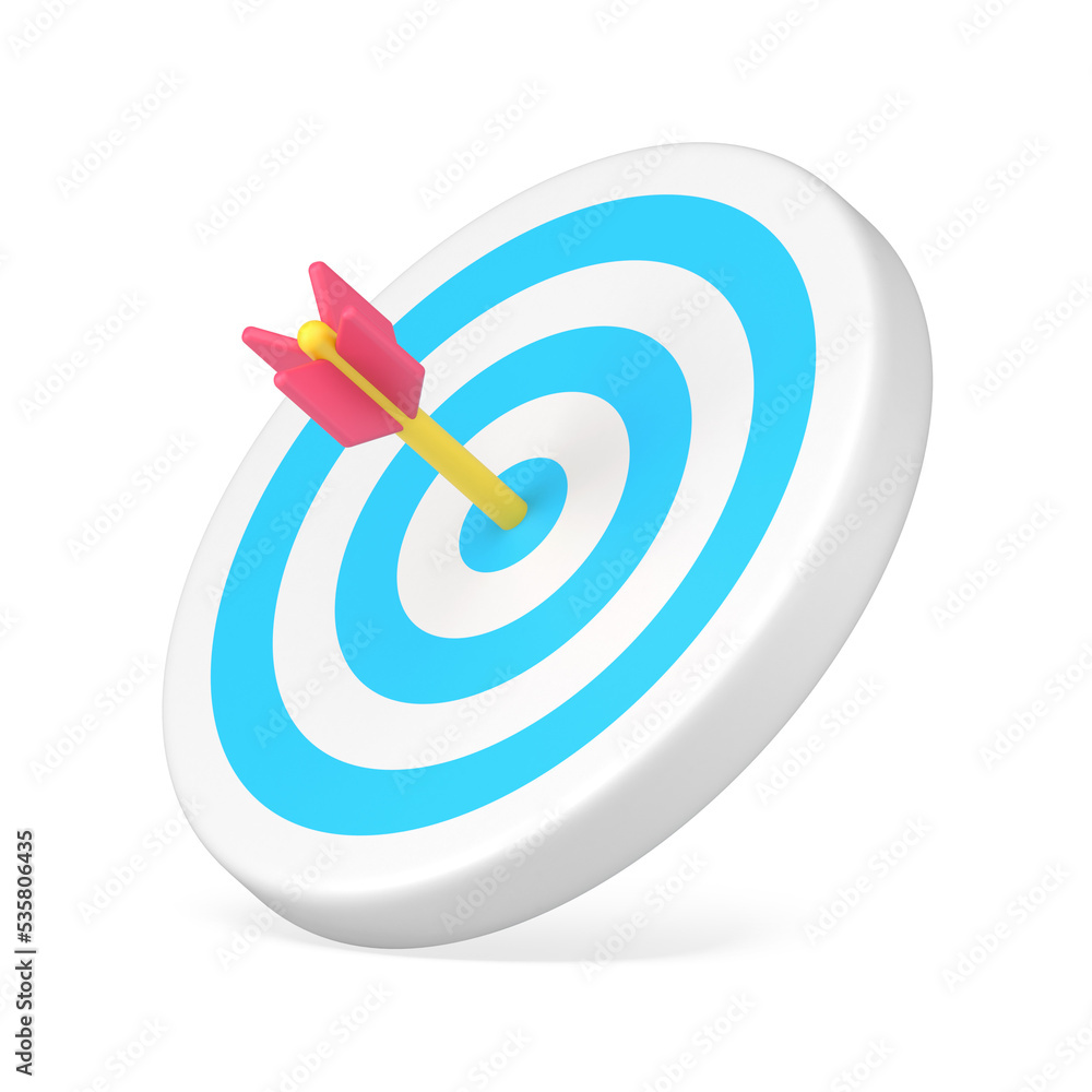 Arrow target 3d icon. Circular disc with blue stripes and dart in center Arrow target 3d icon. Circular disc with blue stripes and dart in center