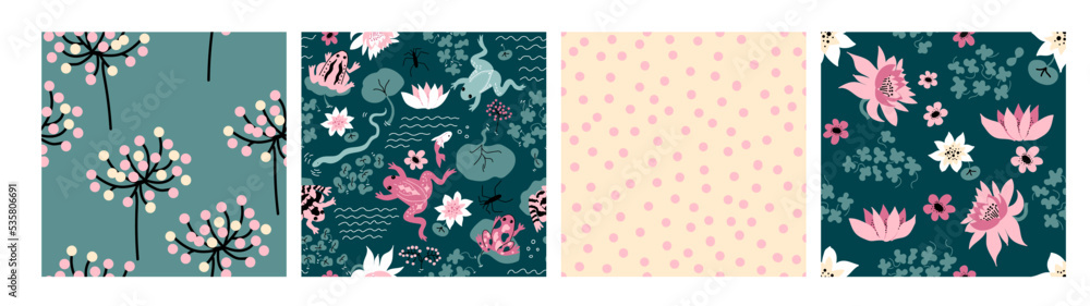 Frog Pattern. Set of vector backgrounds with snake, water striders, flowers, lotus, Water Lillies.  Perfect for cards, wrapping paper, printing on the fabric, design package and cover