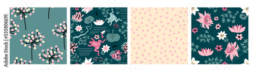Frog Pattern. Set of vector backgrounds with snake  water striders  flowers  lotus  Water Lillies.  Perfect for cards  wrapping paper  printing on the fabric  design package and cover