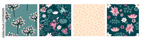 Frog Pattern. Set of vector backgrounds with snake, water striders, flowers, lotus, Water Lillies.  Perfect for cards, wrapping paper, printing on the fabric, design package and cover