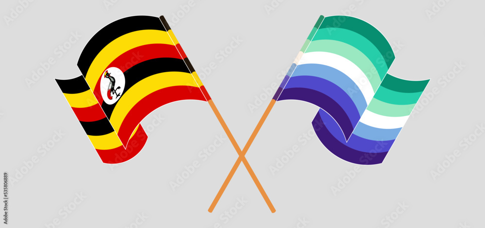 Crossed and waving flags of Uganda and gay men pride Crossed and waving flags of Uganda and gay men pride