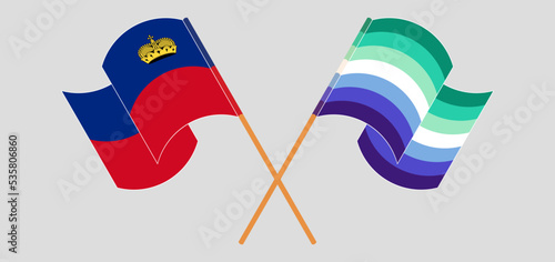 Crossed and waving flags of Liechtenstein and gay men pride
