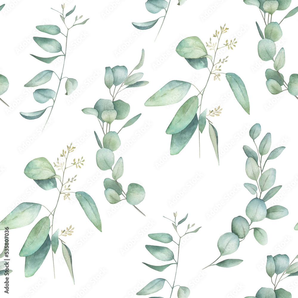 Watercolor  winter eucalyptus seamless pattern. Botanical nature print on white background