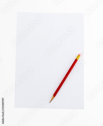 Pencil and blank paper on white background