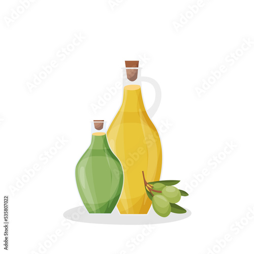 Olive and sunflower oil in glass bottles next to a sprig of olives. Vector illustration for menus, ingredients