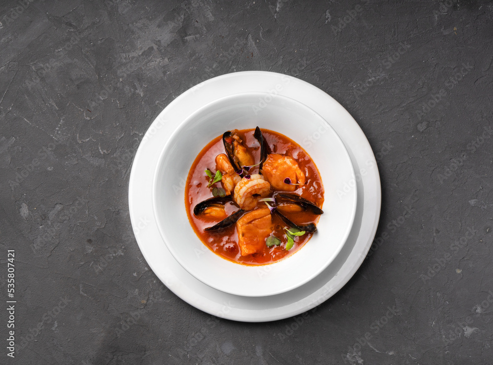 Tomato soup with mussels and shrimps Tomato soup with mussels and shrimps