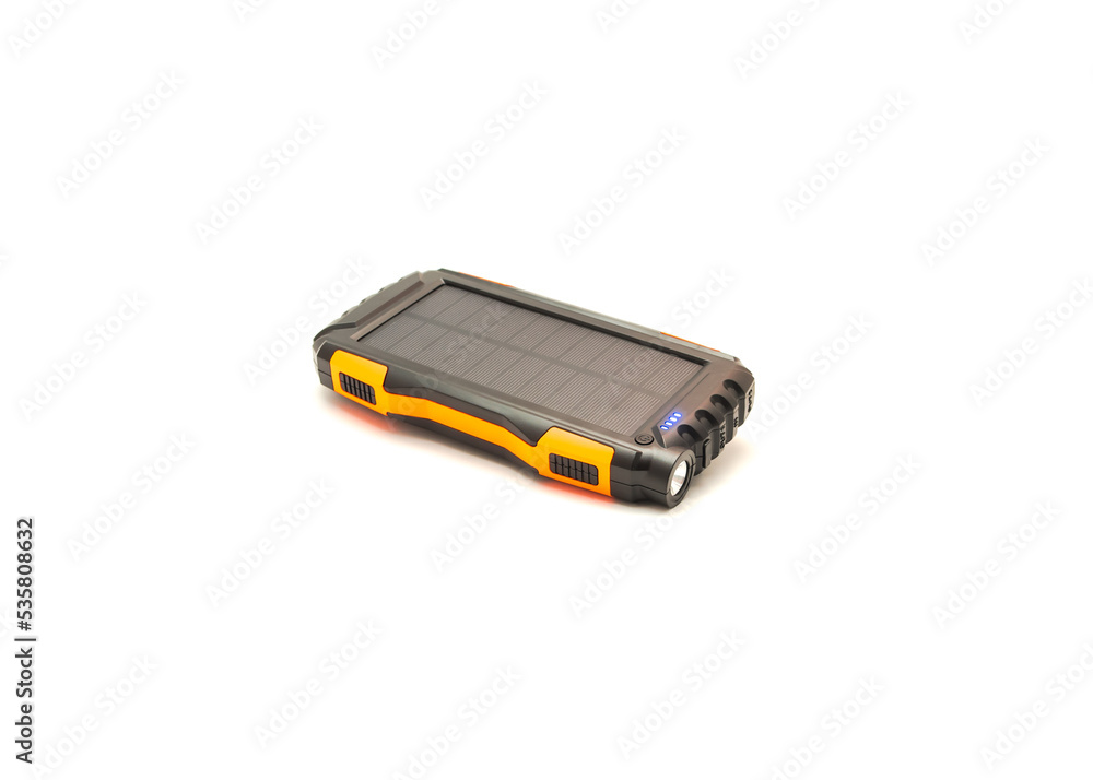 Blue LED light indicator on solar power bank mini panel and rugged shell to protect it from falls isolated on white background Blue LED light indicator on solar power bank mini panel and rugged shell to protect it from falls isolated on white background