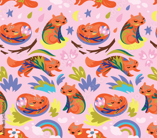 Seamless pattern with gentle foxes and floral elements inside.