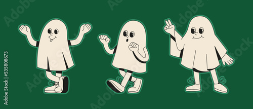 Flat vector illustration with a collection of retro 70s characters. Spooky funny ghosts. Concept of groovy halloween sticker.