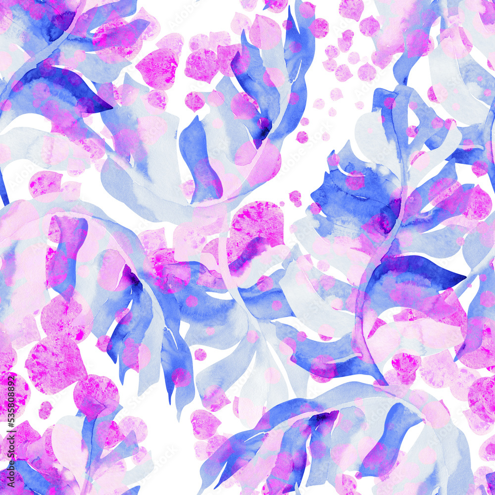 Watercolor paint brush seamless abstract floral pattern with blue pink colors