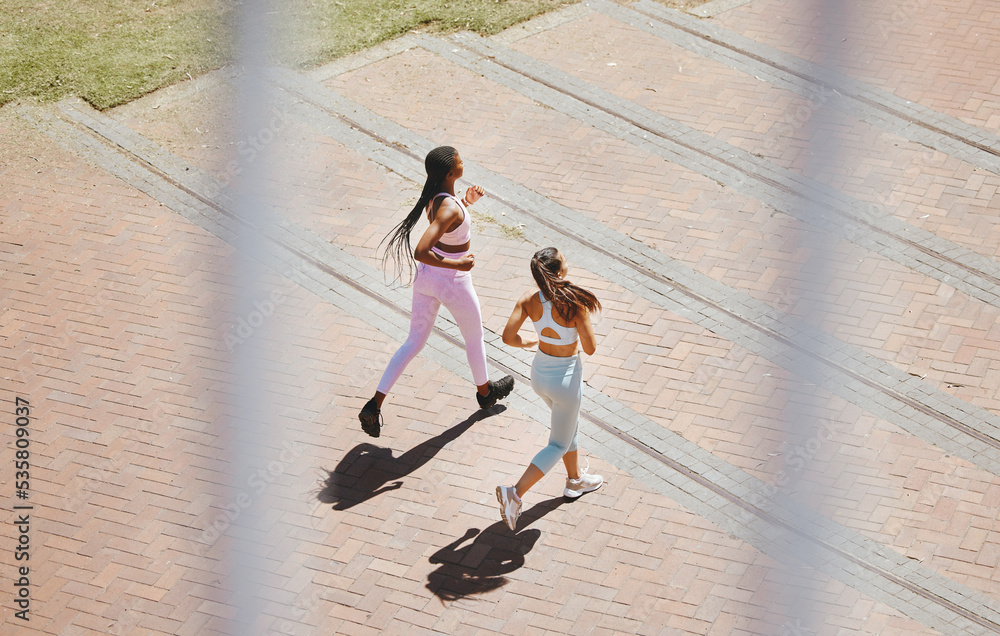 Running, fitness and women friends exercise on steps outdoor for healthy lifestyle, wellness motivation and accountability. Sports friends, couple or runner people doing workout training together