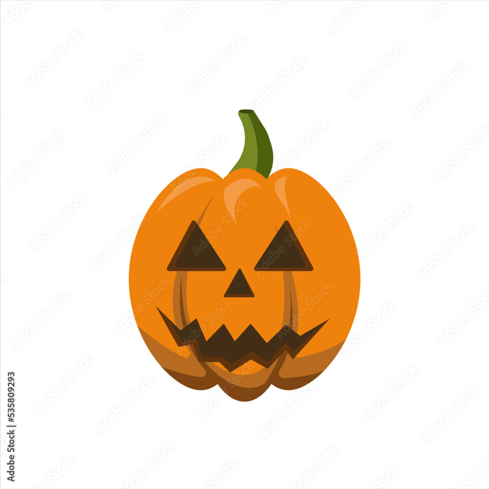 Classic orange pumpkin with scary face or smile isolated on white background. Halloween concept. Vector illustration Classic orange pumpkin with scary face or smile isolated on white background. Halloween concept. Vector illustration
