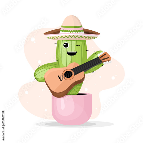 Cute colorful summer cactus in flowerpot with sombrero and guitar in flat design