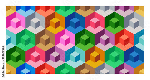Multicolor seamless vector geometric pattern with 3d cubes. Kids wrapping template. Colorful set backdrop for postcard, poster, flyers, cards. 3D funny baby background. Endless optical illusions.	