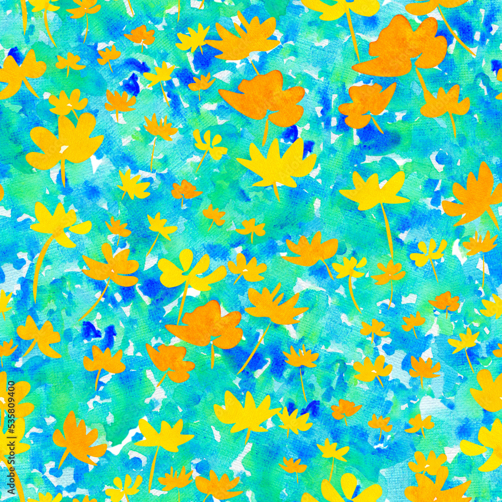 Small orange flowers on a blue watercolor background seamless floral pattern