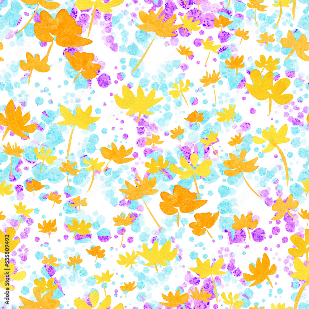 Watercolor seamless floral pattern of small flowers and petals in pastel colors