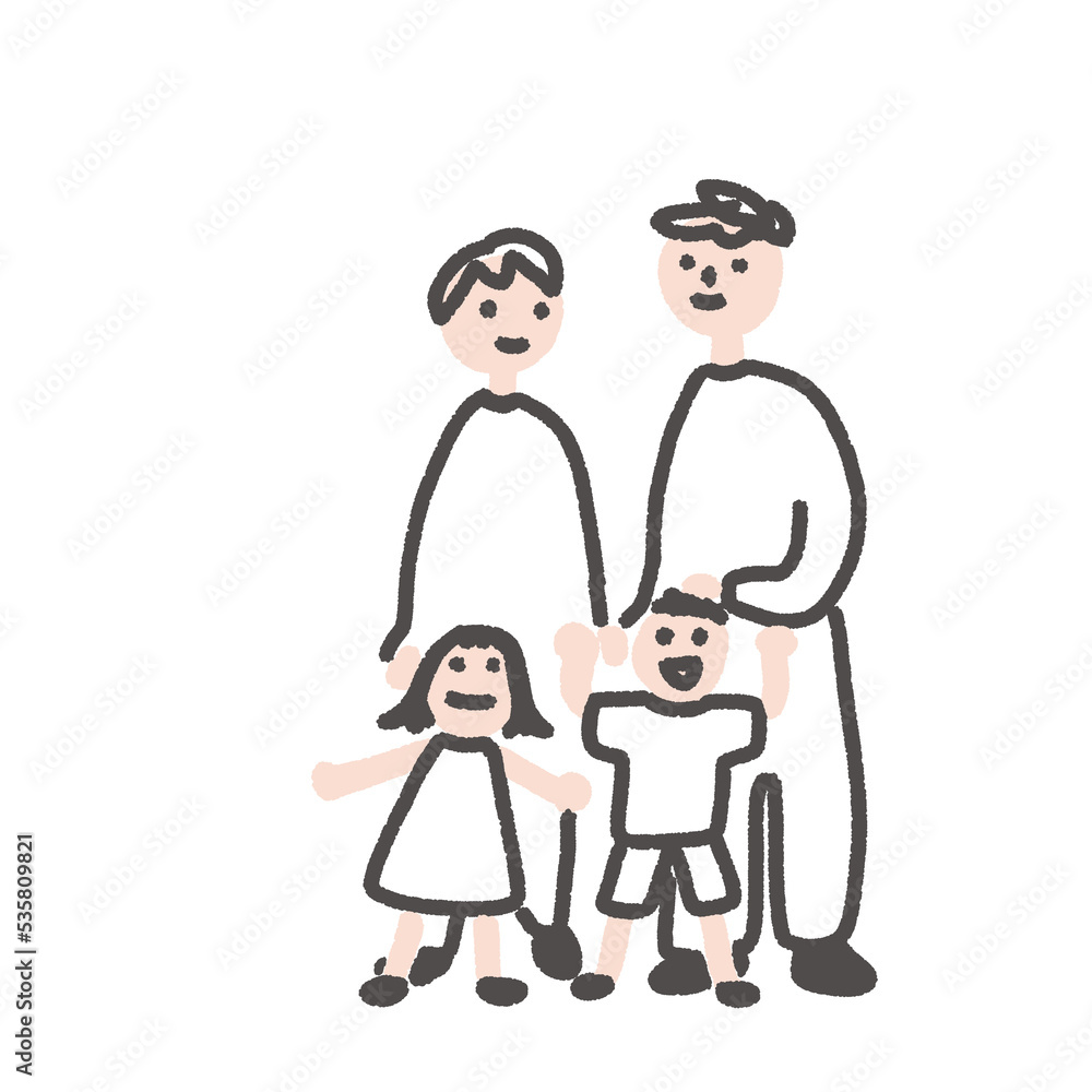 仲の良い家族　四人家族　ファミリー 手描き　シンプル
