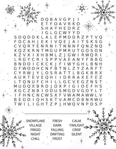 Snowy Night Word Search Activity Page. High quality photo. An 8.5 by 11 page ready for printing. photo