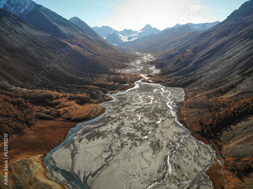 mountains glacier river valley autumn drone