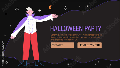 Halloween cartoon character wear magician gown and vampire costume. Creative concept for placard, social media or website banner, party invitation or poster.