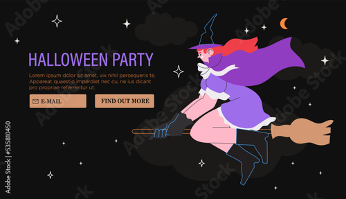 Beautiful witch flying on broomstick in night sky. Halloween cartoon character wear magician hat and costume. Creative concept for placard, social media or website banner, party invitation or poster