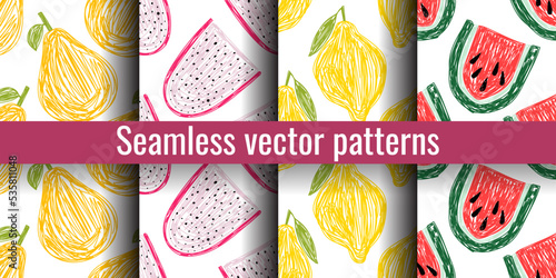 Fruit sketch seamless pattern set. Pear, pitaya, lemon and watermelon. Hand drawn vector illustration. Pen or marker fruits