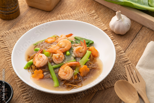 Fried Rice Vermicelli Noodles with Shrimp in Gravy Sauce (rad na goong).Thai food photo