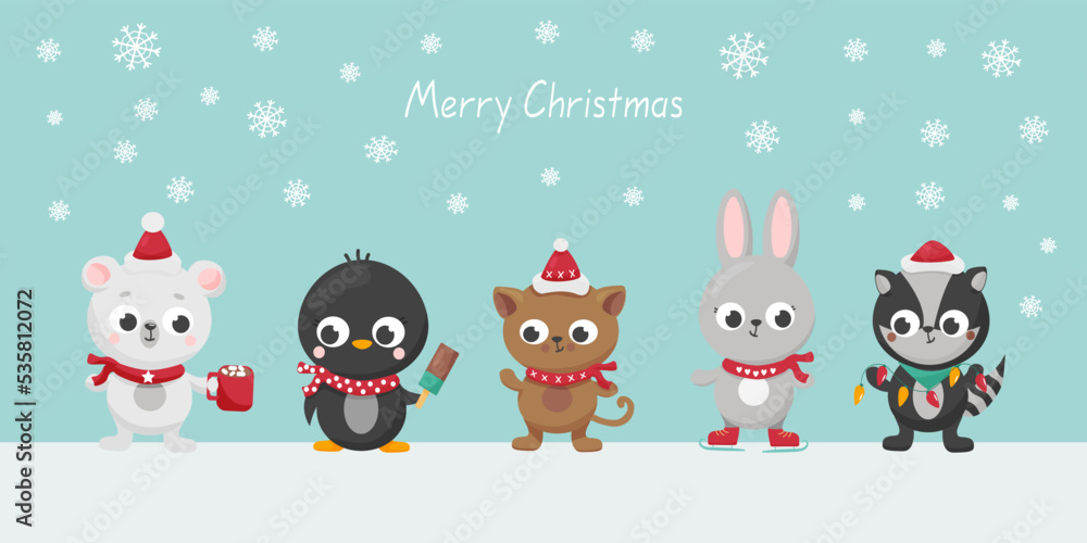 Christmas cute characters. Funny woodland animals - bear, rabbit, raccoon, penguin and kitten. Merry Christmas. Vector illustration banner