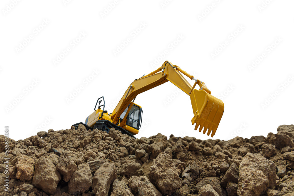 Crawler Excavator is digging with lift up in the construction site on isolated white background. Crawler Excavator is digging with lift up in the construction site on isolated white background.
