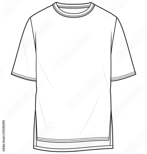 hip hop t shirt streetwear men short sleeve side slit long hem plain t shirt fashion flat sketch vector illustration.