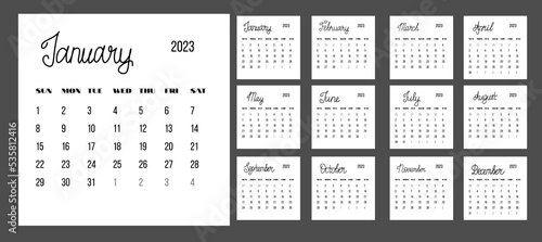 Classic monthly calendar template for 2023. Square shape. The week starts on Sunday.