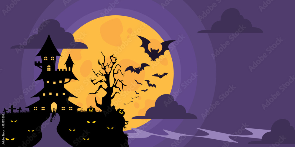 Halloween Castle house silhouette and fly bat on full moon background. Vector illustration flat design for banner, poster, wallpaper, and background.
