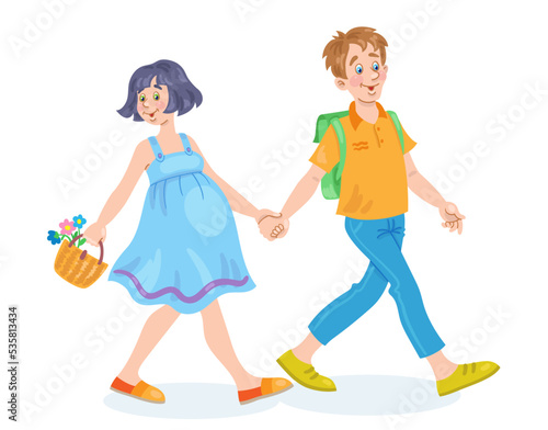 Happy family. Young man and cute pregnant woman go hand in hand.  In cartoon style. Isolated on white background. Vector illustration