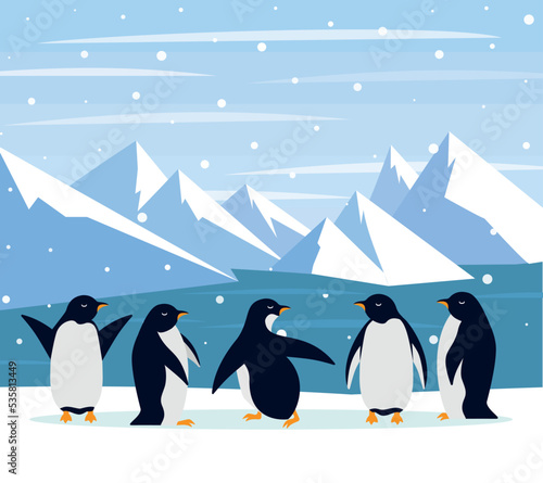 Beautiful panorama with natural arctic glacier and with group penguin. Panoramic landscape of north sea or arctic ocean snow mountains. Frozen nature of Antarctica