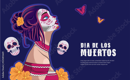 Closeup Portrait of Calavera Catrina. Young Woman with Sugar Skull mMakeup. Dia de Los Muertos. Day of The Dead. Halloween.