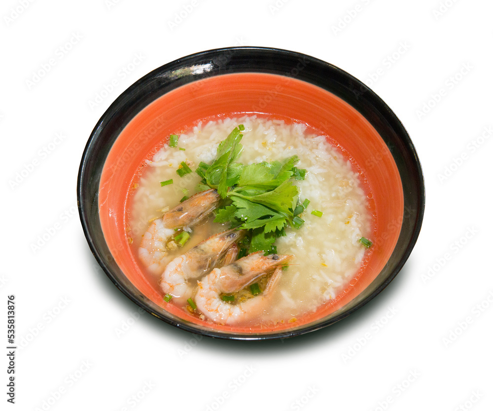 Shrimp porridge garnished with coriander on top Shrimp porridge garnished with coriander on top