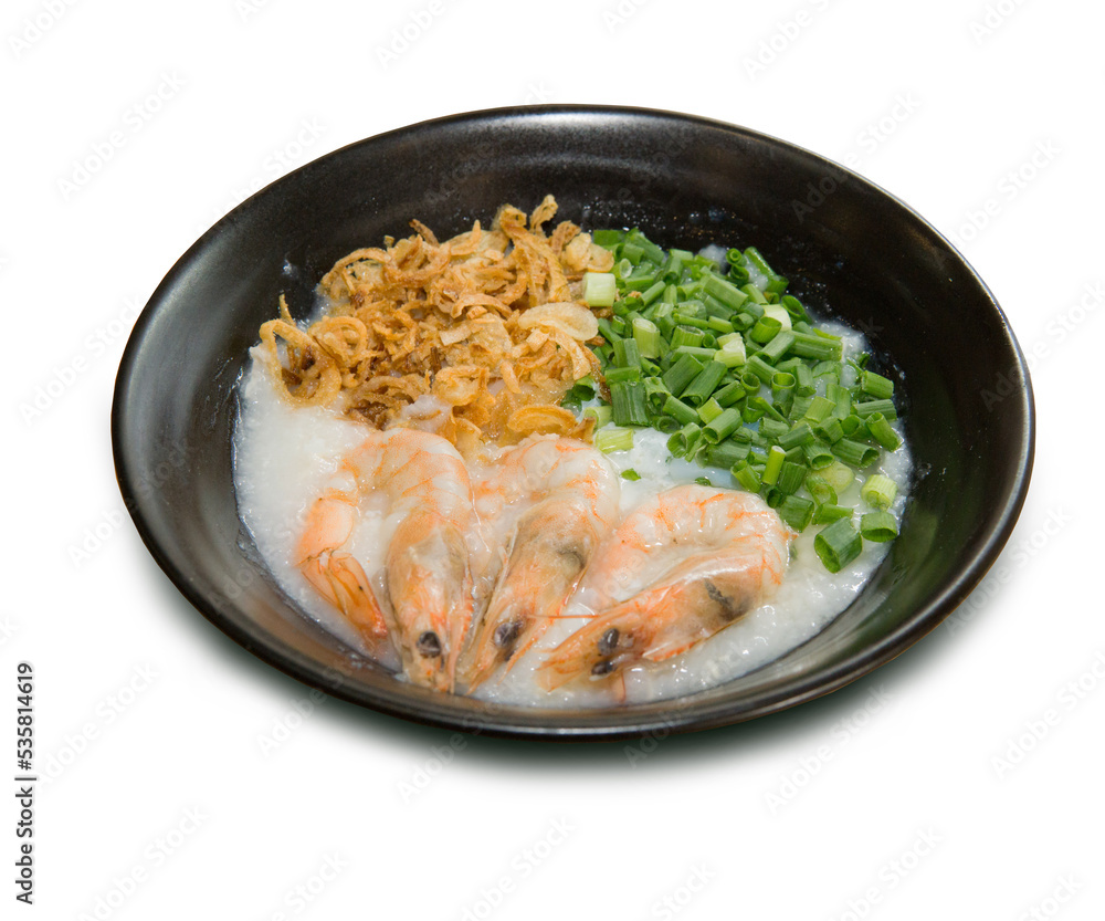 Rice porridge topped with shrimp Crispy Garlic and Coriander Rice porridge topped with shrimp Crispy Garlic and Coriander