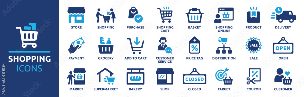 Shopping icon set. Online shopping, store, delivery, promotion and shopping cart symbol. Solid icons vector collection. - obrazy, fototapety, plakaty 