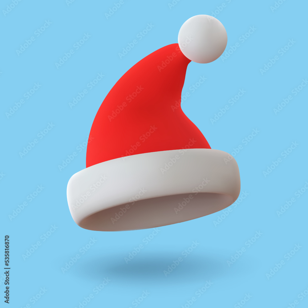 Realistic 3d santa claus hat on blue background. Merry Christmas and Happy New Year. Vector illustration Realistic 3d santa claus hat on blue background. Merry Christmas and Happy New Year. Vector illustration