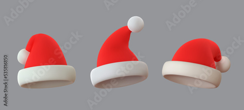 Set realistic 3d santa claus hat. Merry Christmas and Happy New Year. Vector illustration
