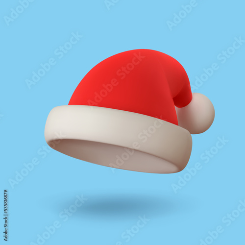 Realistic 3d santa claus hat on blue background. Merry Christmas and Happy New Year. Vector illustration