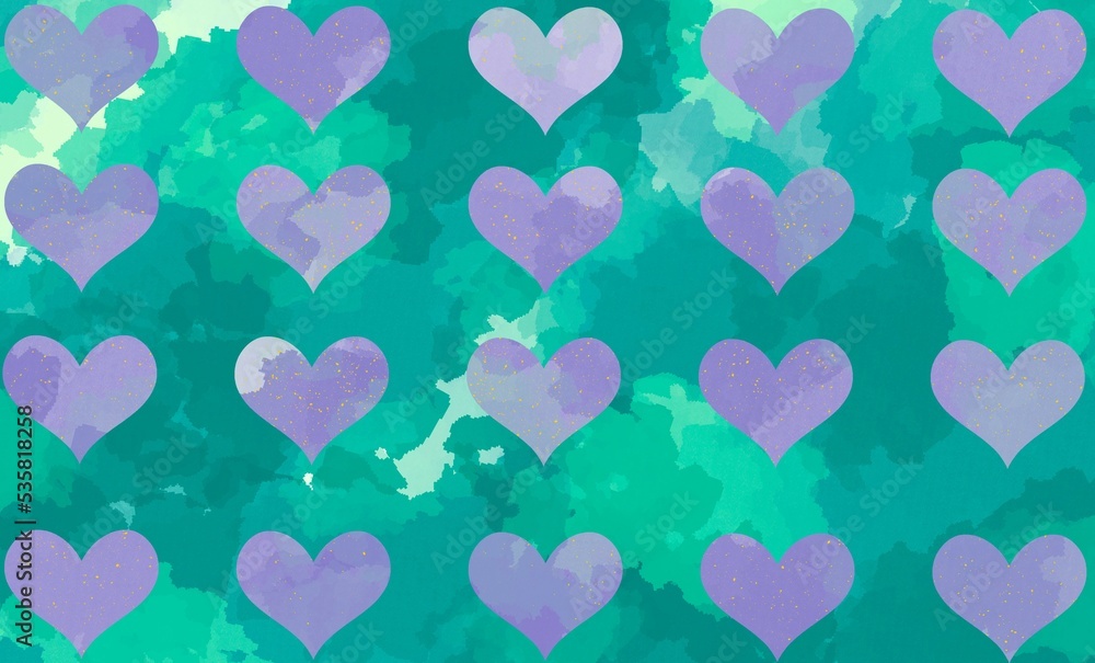 violet hearts with yellow drops on a blue green watercolor background