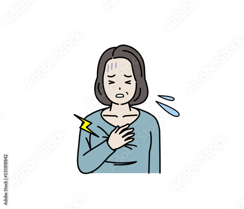 胸が痛い中年の女性　胸が苦しい　心筋梗塞　心臓発作　心臓病　狭心症　病気　症状　イラスト