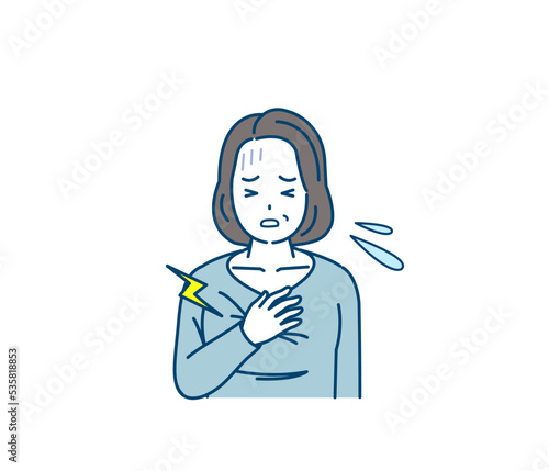 胸が痛い中年の女性　胸が苦しい　心筋梗塞　心臓発作　心臓病　狭心症　病気　症状　イラスト